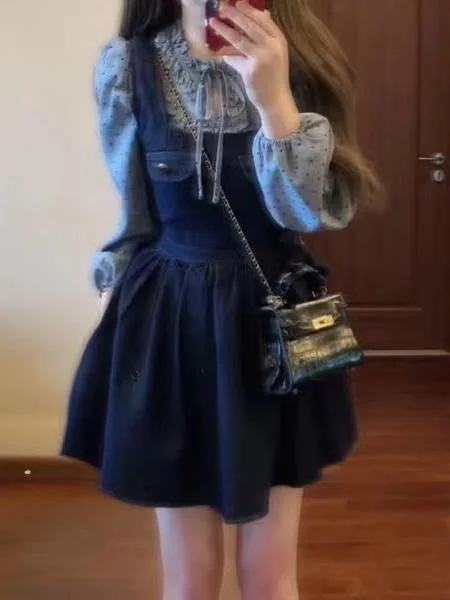 

Sweet And Spicy Fashionable Checkered Shirt And Denim Skirt Set Women's Polka Dot Trim Belted Cotton Vest Two Piece Set