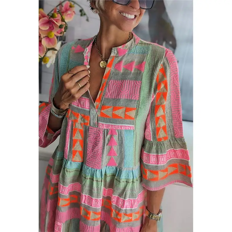 Autunno Stampa V-ne 7/8 Sve Dr Faion Independent Station da donna Abito transfrontaliero in cotone e lino Bell Sve