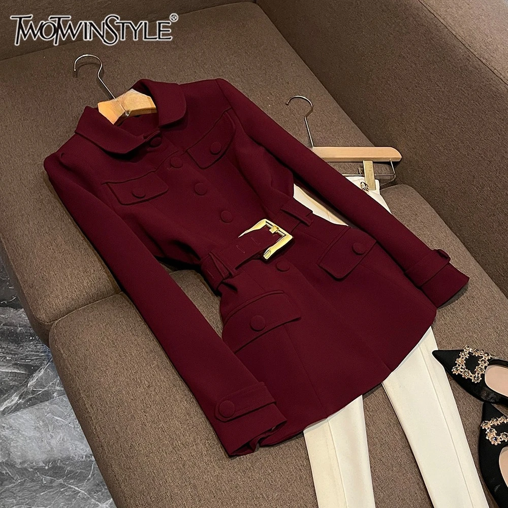 

TWOTWINSTYLE Temperament Vintage Solid Jackets For Women Lapel Long Sleeve Spliced Button Casual Slim Jacket Female KJA556405