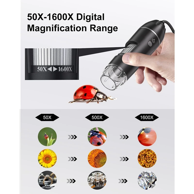 Caméra de microscope numérique, microscope de poche à grossissement 50X-1600X, déterminer, 1 jeu