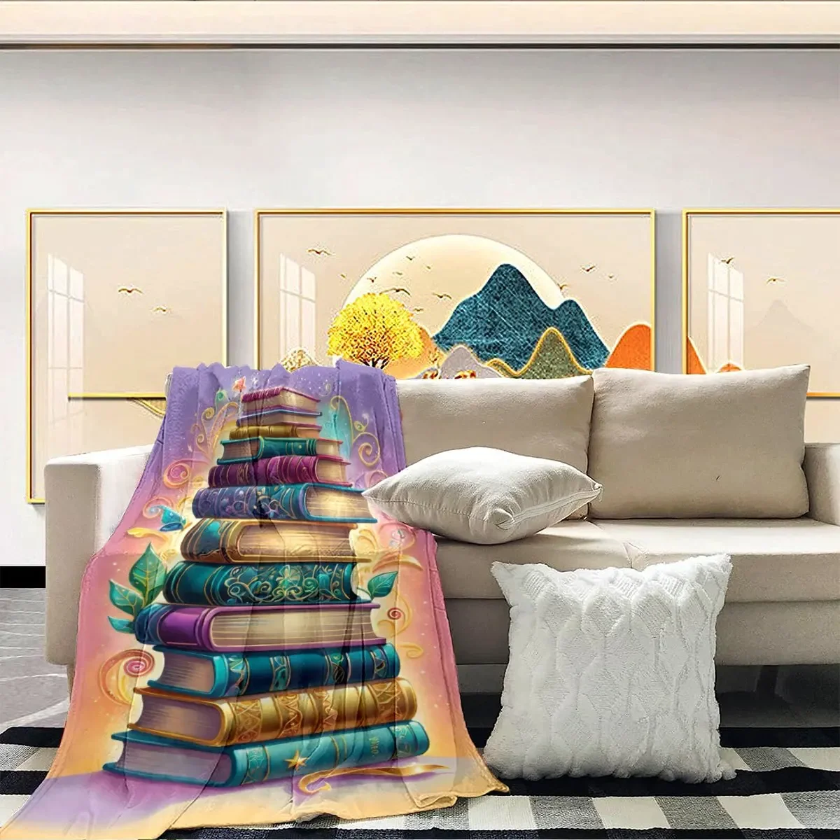 Decorative Book Stack Throw Blanket  Art Print Gift Boho Chic Nursery Wall Decor