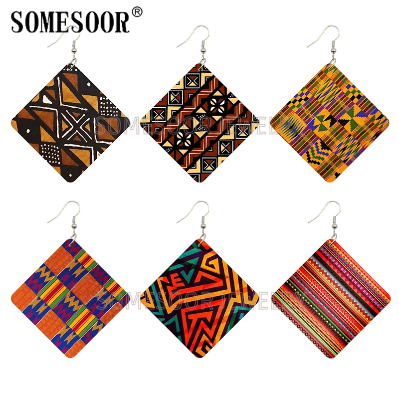 SOMESOOR Geometric African Fabric Style orecchini pendenti in legno bohémien ciondolo quadrato etnico Afro ciondola i gioielli per i regali delle