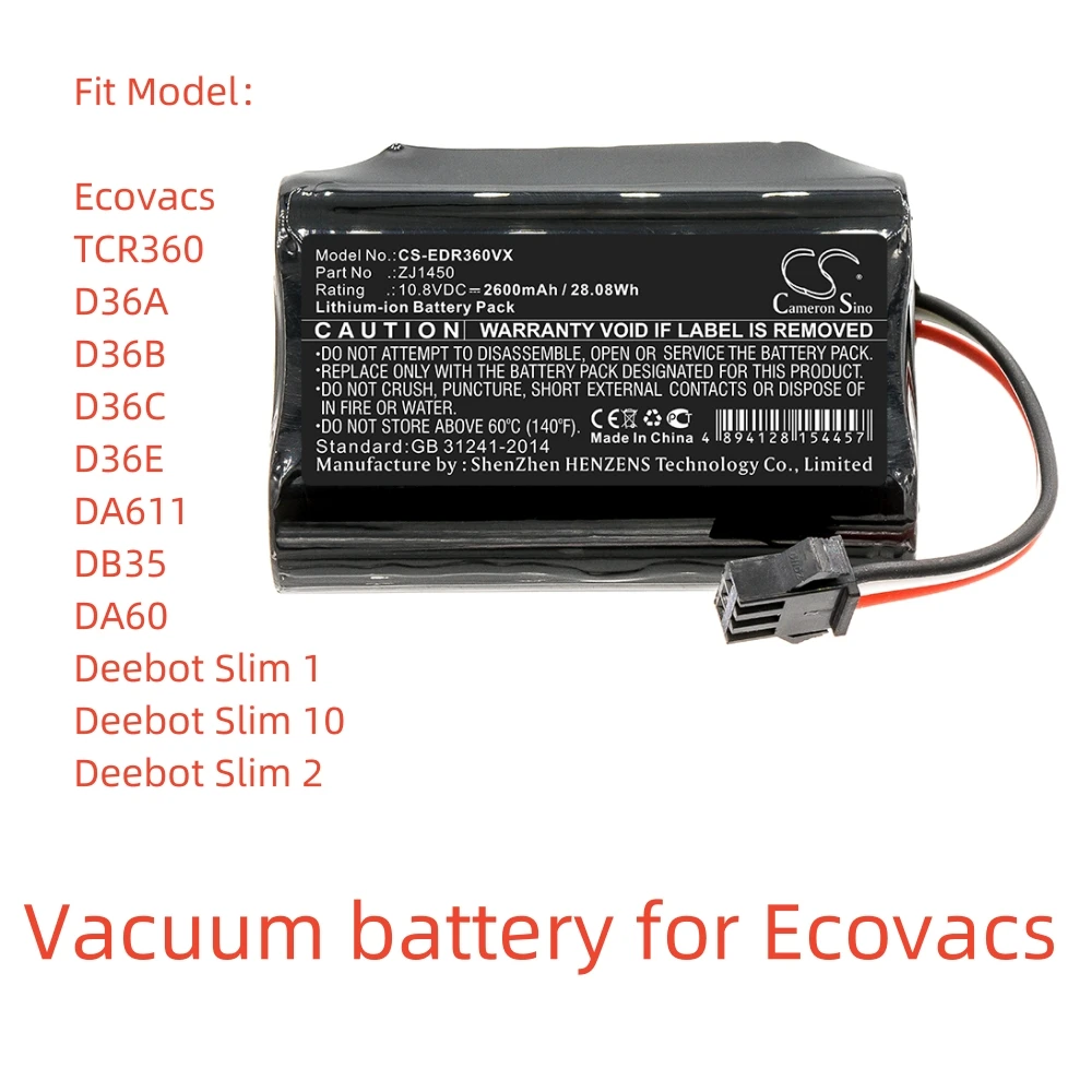 

Li-ion Vacuum battery for Ecovacs,10.8v,2600mAh,TCR360 D36A D36B D36C D36E DA611 DB35 DA60 Deebot Slim 1 Deebot Slim 10