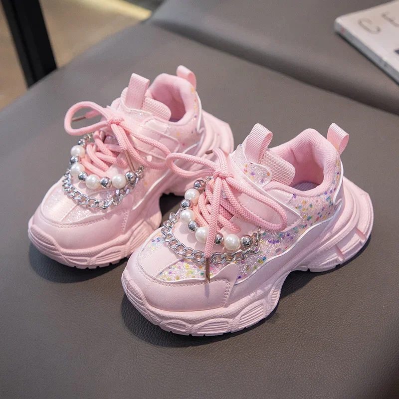 Kids Sneakers 2025 Girls Spring Fashion Shiny with Pearl Running Sport Shoes Children Non-slip Trainers Student Casual Sneakers