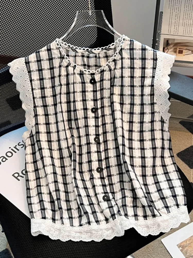 

Summer Vintage Plaid Lace Trim Splice Svel Vest irt Women's Self-kept Sle Korean Loose Fit Button Embellied Hollo...
