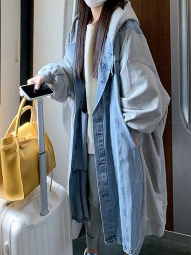 

Autumn Winter Jackets for Women 2023 Hooded Single Breasted Patchwork Denim Jacket Long Windbreaker Trench Coat Women Clothing