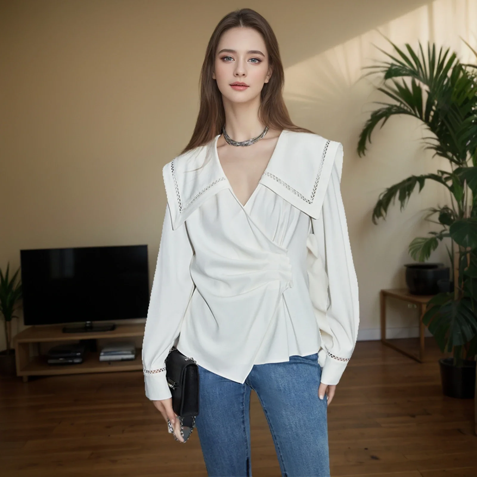 

MiiiiX Office Lady Sailor Collar Irregular Shirt Women's 2024 Autumn New Fashion Design V-neck Long-sleeved Slim Waist Top