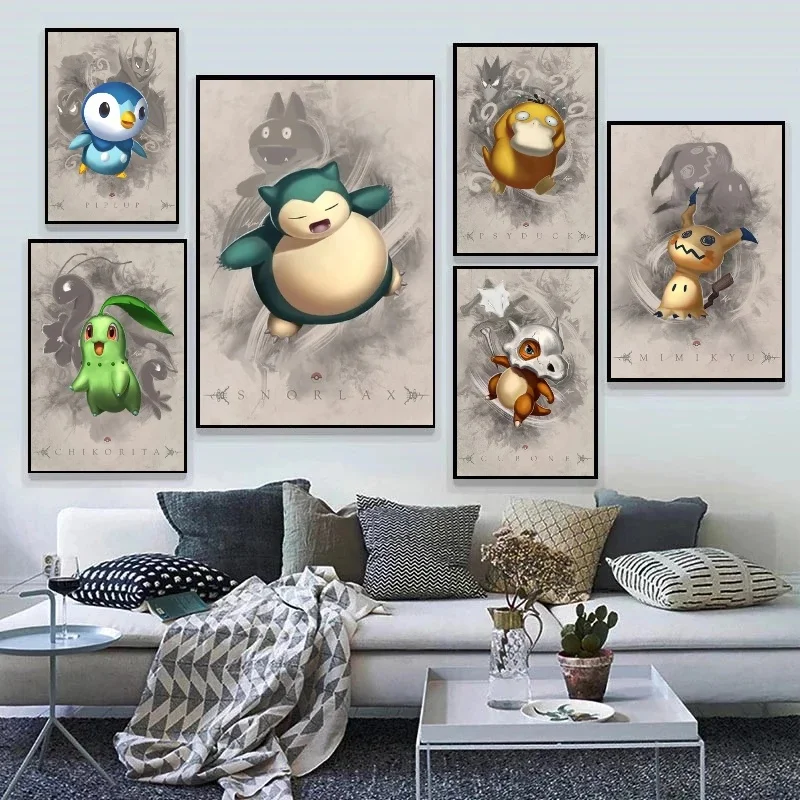 อะนิเมะ Pokemon การ์ตูนญี่ปุ่นภาพวาดผ้าใบ Pikachu Gengar Eevee Mew Wall Art โปสเตอร์พิมพ์ภาพเด็กตกแต่งบ้าน