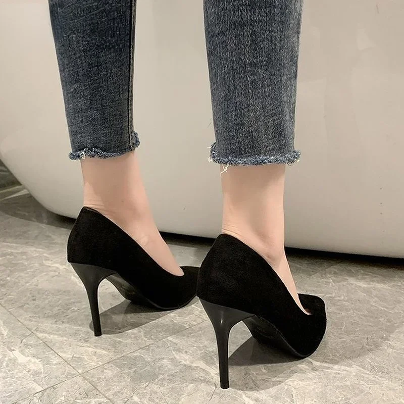 2023 New Autumn Simple Elegant High Heels Stiletto Womens Shoes Pointed Black Etiquette Professional Single Shoes Wedding Shoes