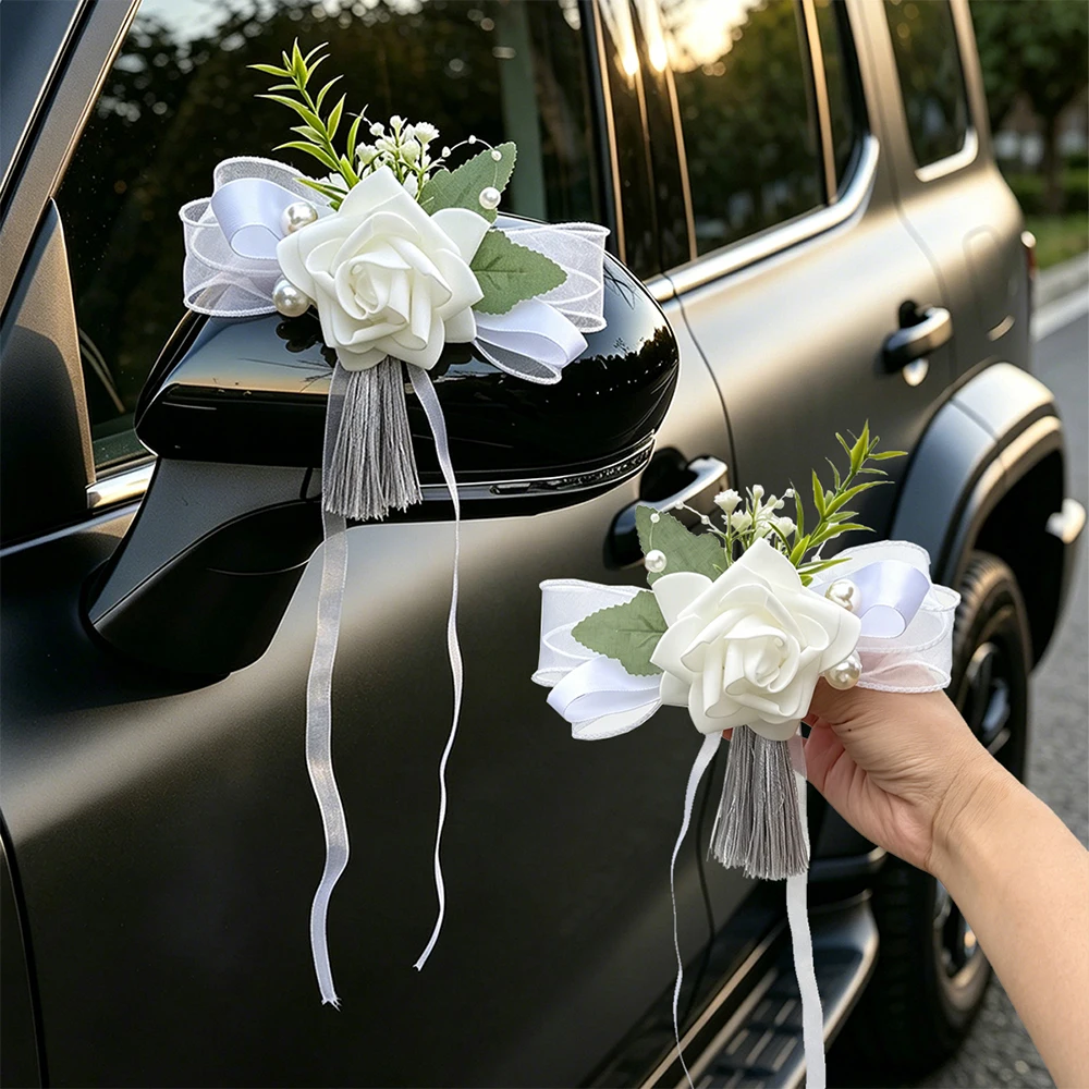 1/2 Stück weiße künstliche Rosen für Hochzeitsauto-Dekorationen mit Band und Perlen für Autospiegel, Türgriffe, Brautdekoration