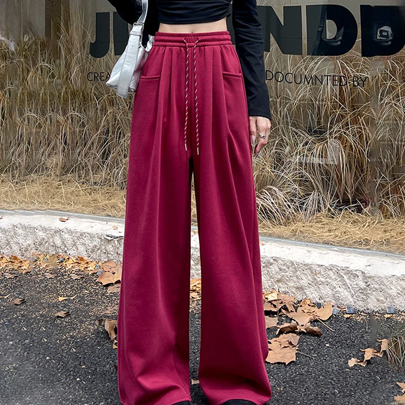 Pantaloni da pavimento in tinta unita moda donna Pantaloni larghi versatili con coulisse Pantaloni a gamba larga stile americano Pantaloni dritti Hip Hop Mujer