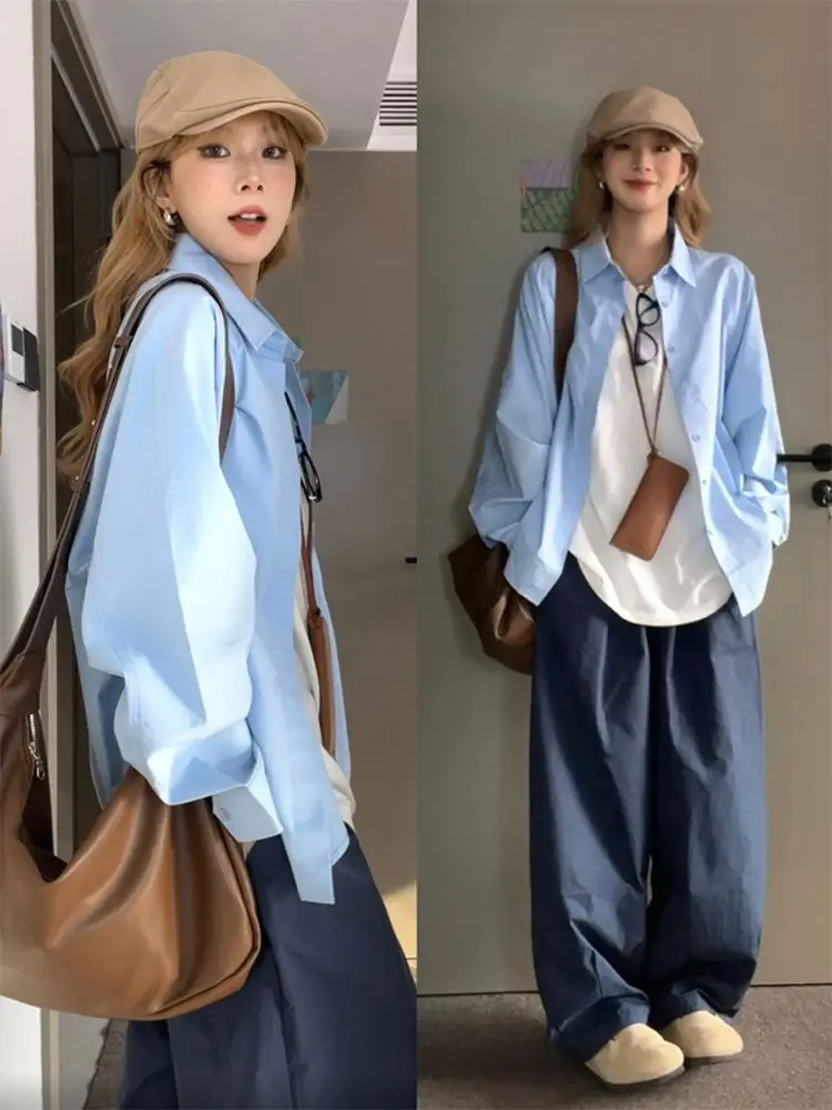 

Light Luxury Korean Style Blue Cotton Shirt Inner Wear Women Spring Autumn 2025 New Loose Casual Slimming Shirt Outer Wear
