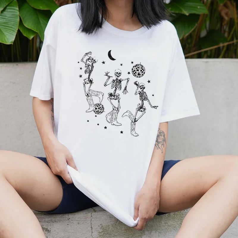 

Dancing Skeleton Pure Cotton T-Shirts Women Oversized Space Cowgirl Disco Ball Funny Tee Shirt Halloween O Neck Shirt Top