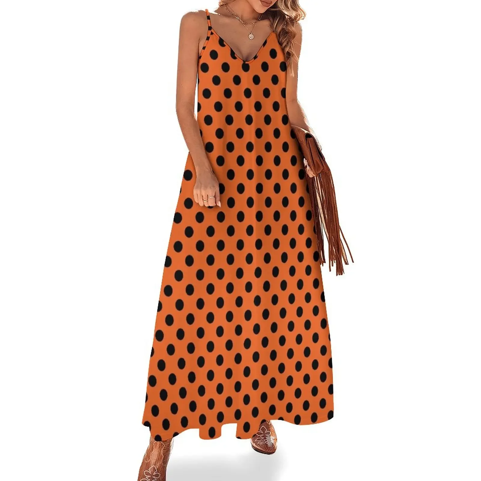 

Black Polka Dots on Orange Background Sleeveless Dress african dresses for woman long dresses for women Dress
