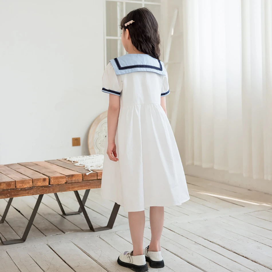 Comfortable White Cotton Sailor Collar Girls Dress Girls Summer Casual Events Family Gatherings Dresses Girls Birthday Dress