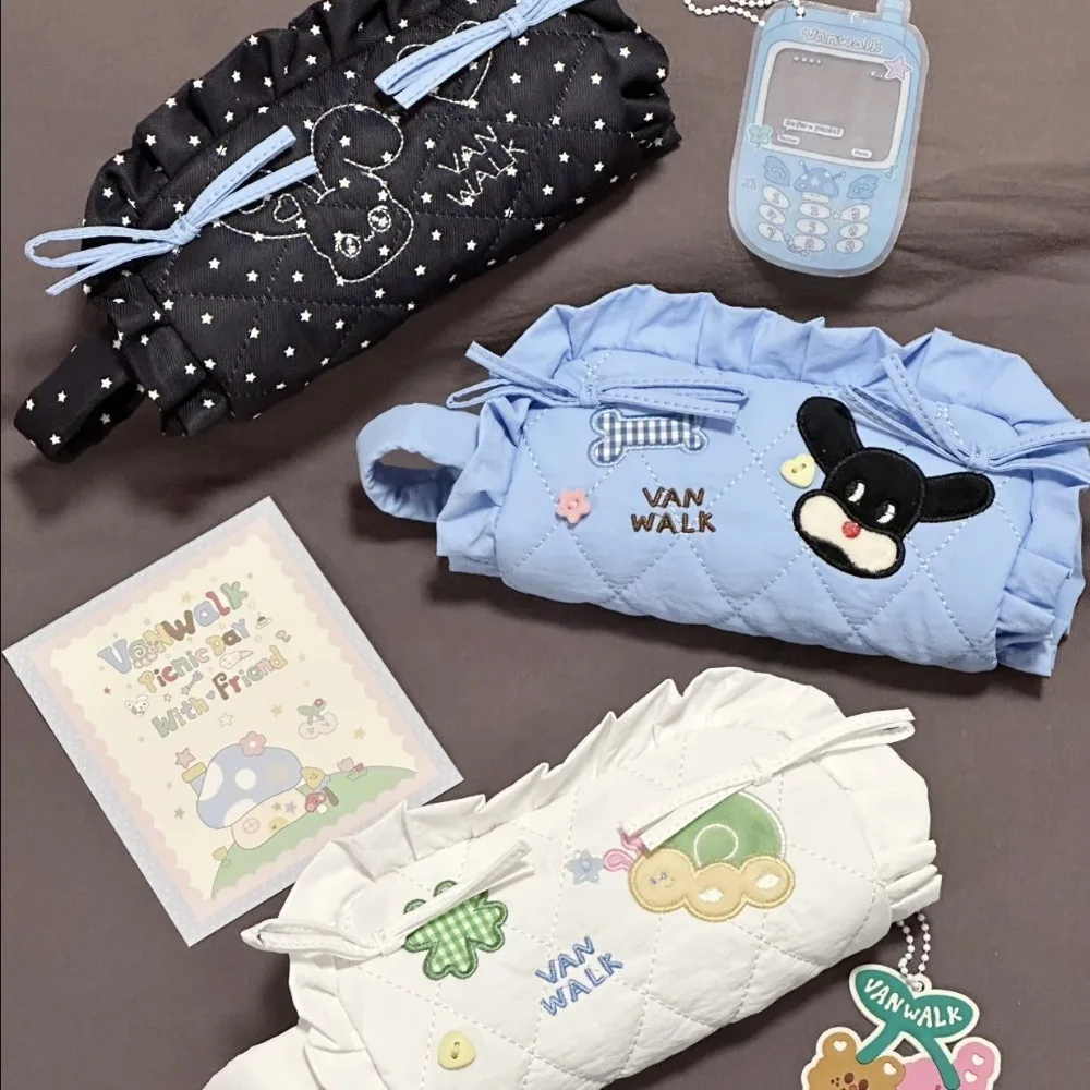 Kawaii Sweet Bow Pen Bag Dog Rabbit Ruffle Makeup Storage Bag Large Capacity Organize Pencil Pouch Case School Supplies