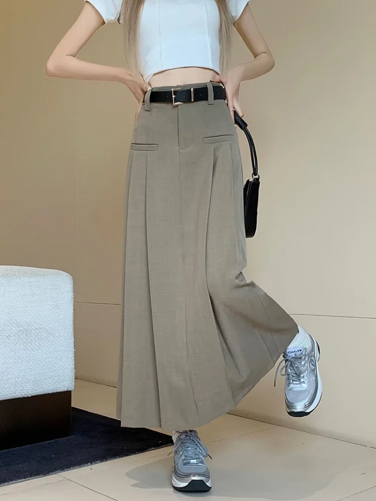 3Colors S-XL Spring Summer Female Skirts 2023 Women High Waist Suit pleated long A line Maxi Skirt Female+belt (L5121)