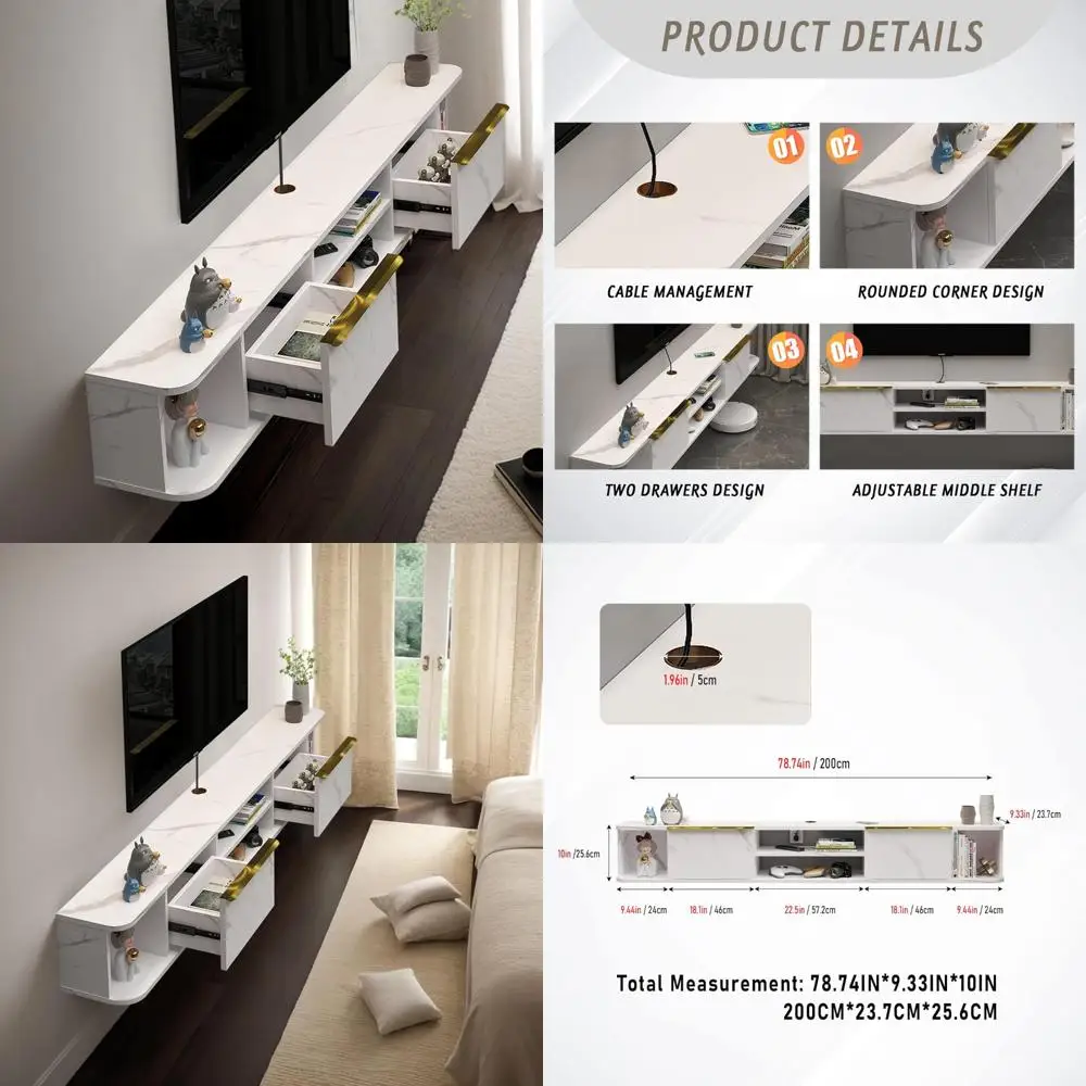 

Wall-Mounted 78 TV Console with Two Drawers - White Media Shelf for Bedrooms and Living Rooms