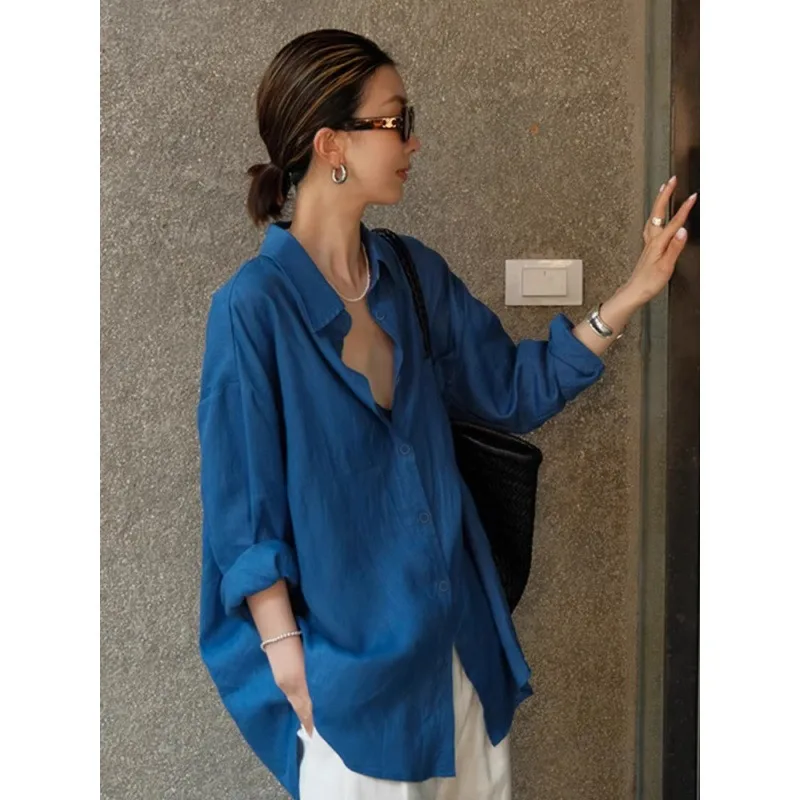 Women Blue Linen Lapel Oversized Long Sleeve Sun Protection Shirt