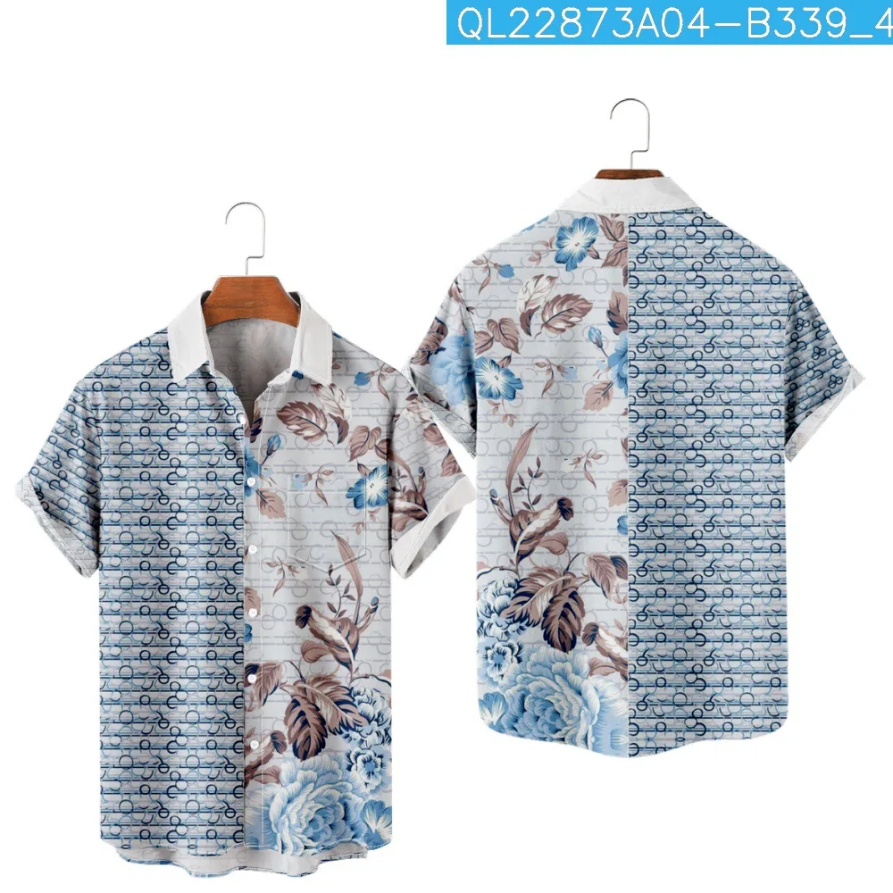 

Flower Striped Splicing Printed Short Sleeve Casual Hawaiian Beach Shirt Summer Mens Fashion Vintage Blouse Clothing Streetwear