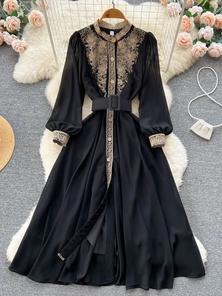 Black Vintage Dress Women Lace Long Sleeve Elegant Floral Embroidery Party Dresses Ladies Slim A-line Belt Chiffon Long Robe