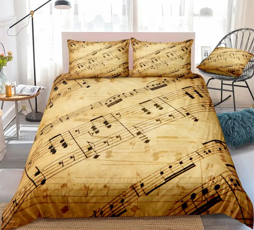 

Music Stave Notes Duvet Cover Set Vintage Bedding Set Queen Quilt Cover Retro Bed Set Boys Home Textiles