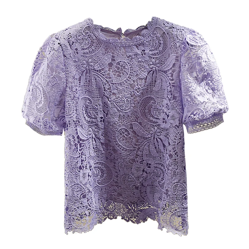 

Faionable Korean Sle Heavy Embroidery Hollow out Soluble Lace Bubble Sve irt Loose Women's Top Trendy Commute Wear