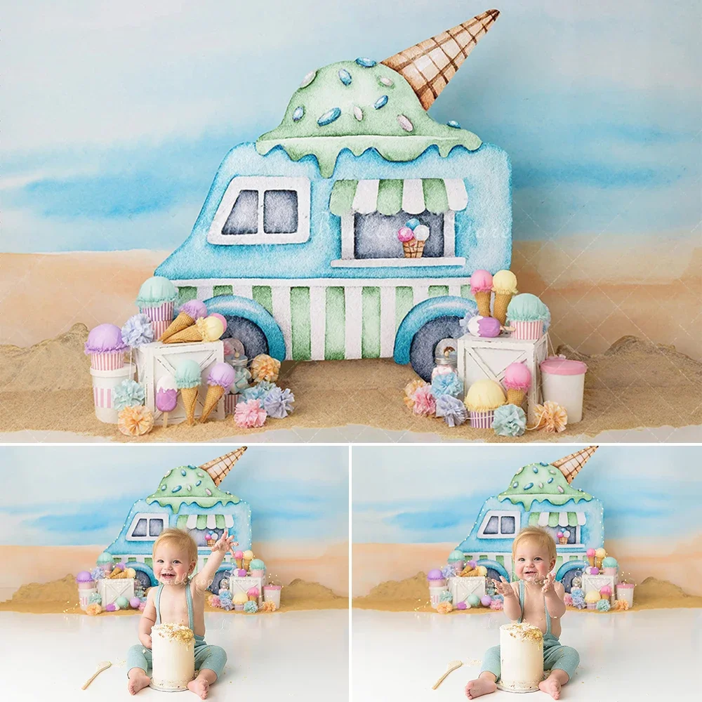 

VIKAMA Summer Ice Cream Van Themed Backdrop Children's Birthday Party & Parent-Child Portrait Photography Backdrop