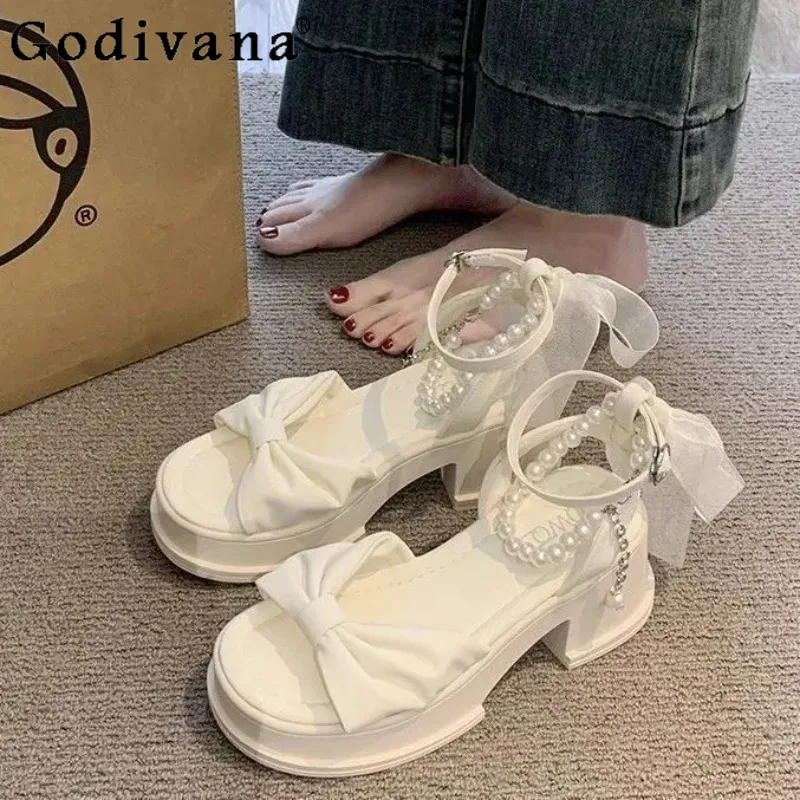 

Оригинальные женские сандалии с бантом в стиле Лолиты, новинка лета 2023, модные элегантные туфли с жемчугом, женские милые сандалии в сказочном стиле