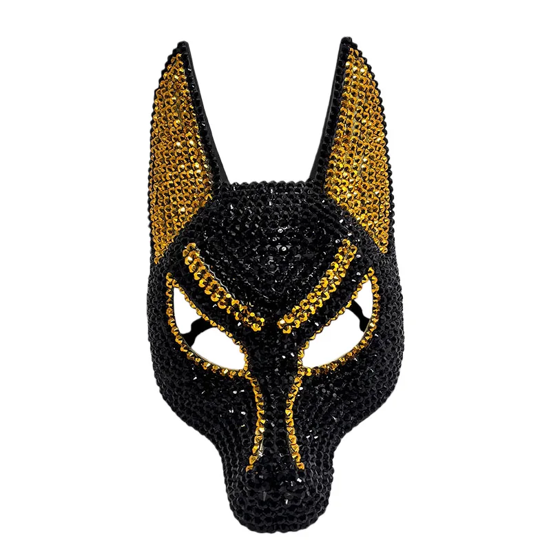 Maschera Anubis con strass scintillanti Maschera per travestimento del dio egiziano della morte per oggetti di scena per costumi di Halloween Maschera cosplay per feste in maschera