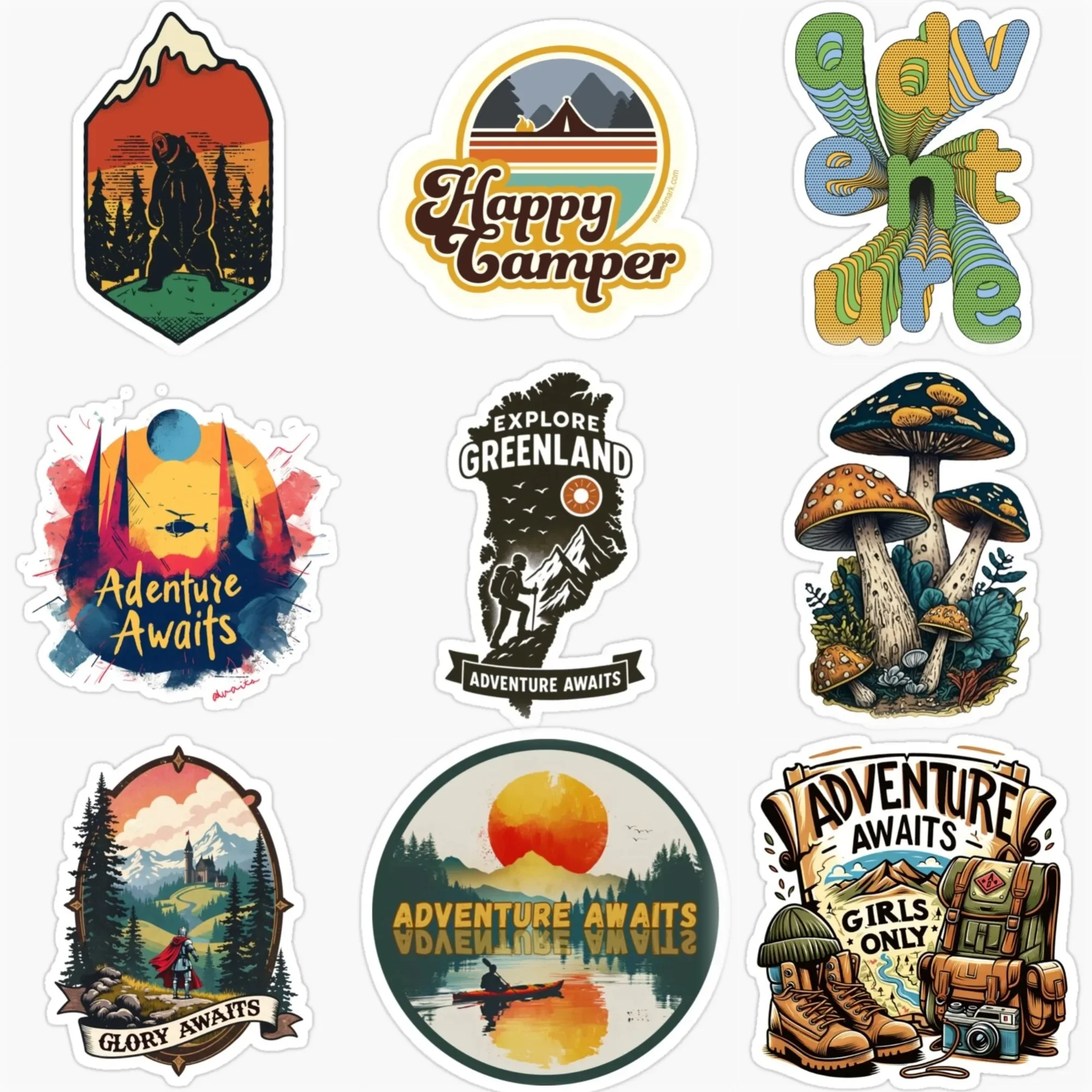 

Adventure Awaits Travel Camping Mountain Creative Car Stickers for Van Bicycle Motorcycle Helmet Bumper Decal Accessories