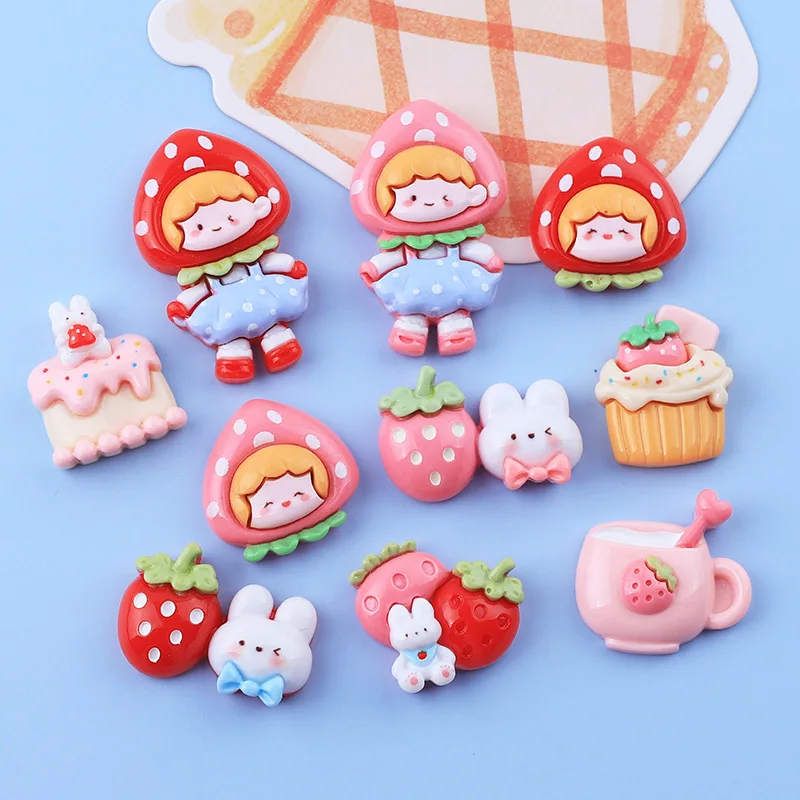 100pcs Kawaii Cartoon Strawberry Rabbit Cake Girl Resin FlatBack Convex Circular Scrapbook Hair Bow Making DIY Accessories