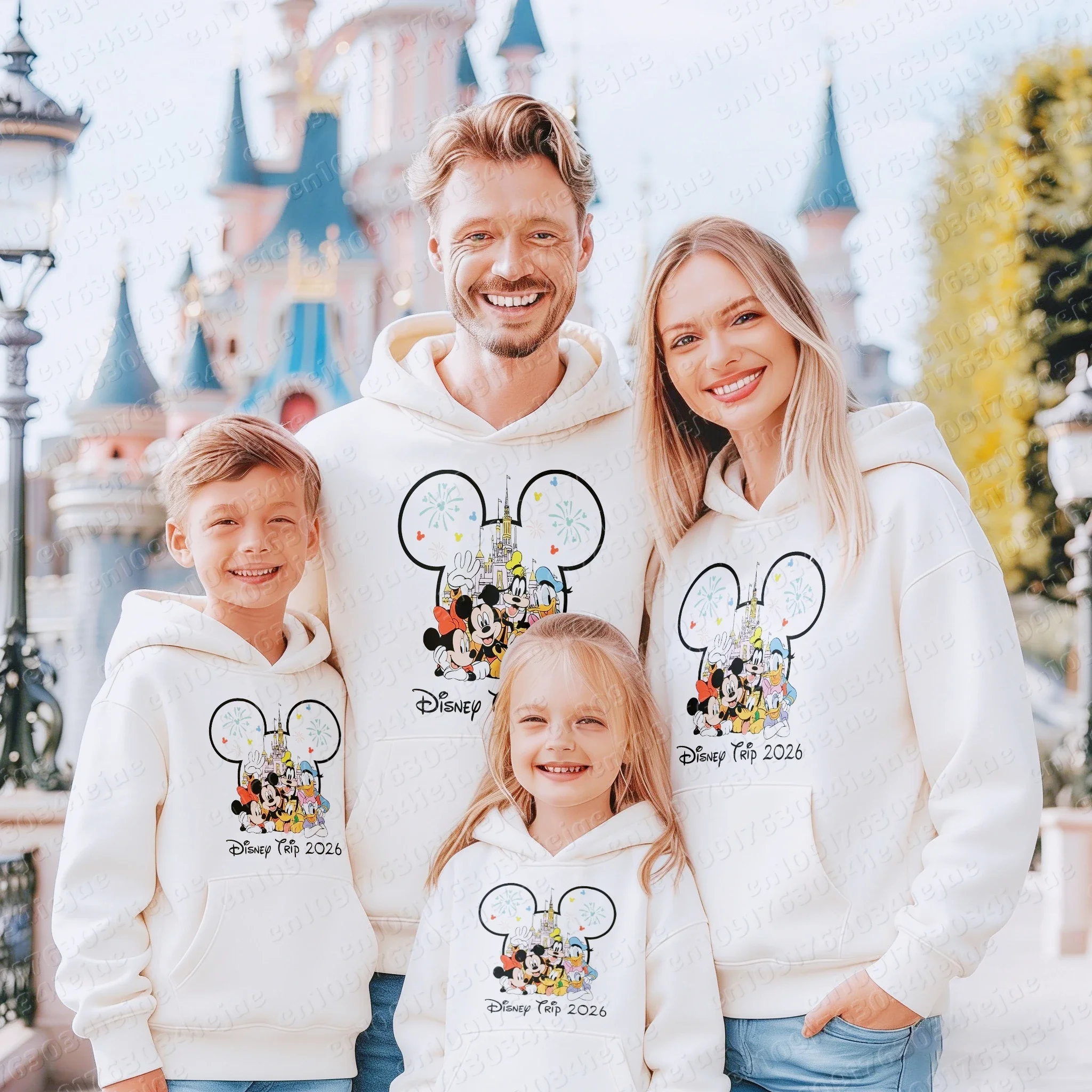 Ear Frame Castle Cartoon Family Hoodie, Firework Character Cluster Print Soft Fleece Pullover For Park Vacation Trips