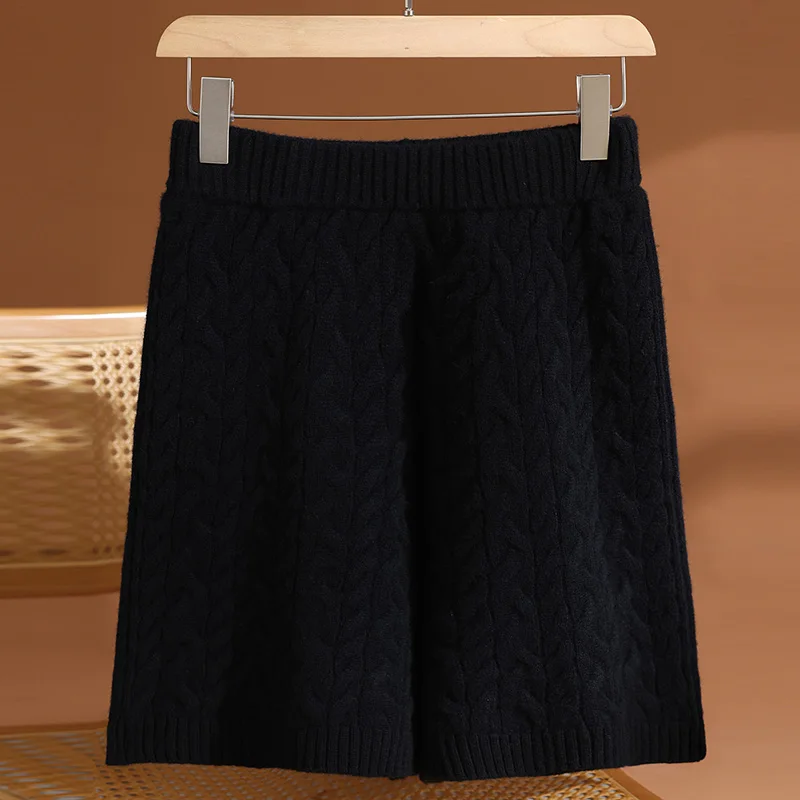 Autumn Winter Women's 100% Pure Wool Knitted Half Pants Outerwears Soild High Waisted Twist Flower Casual Shorts Soft Comfort