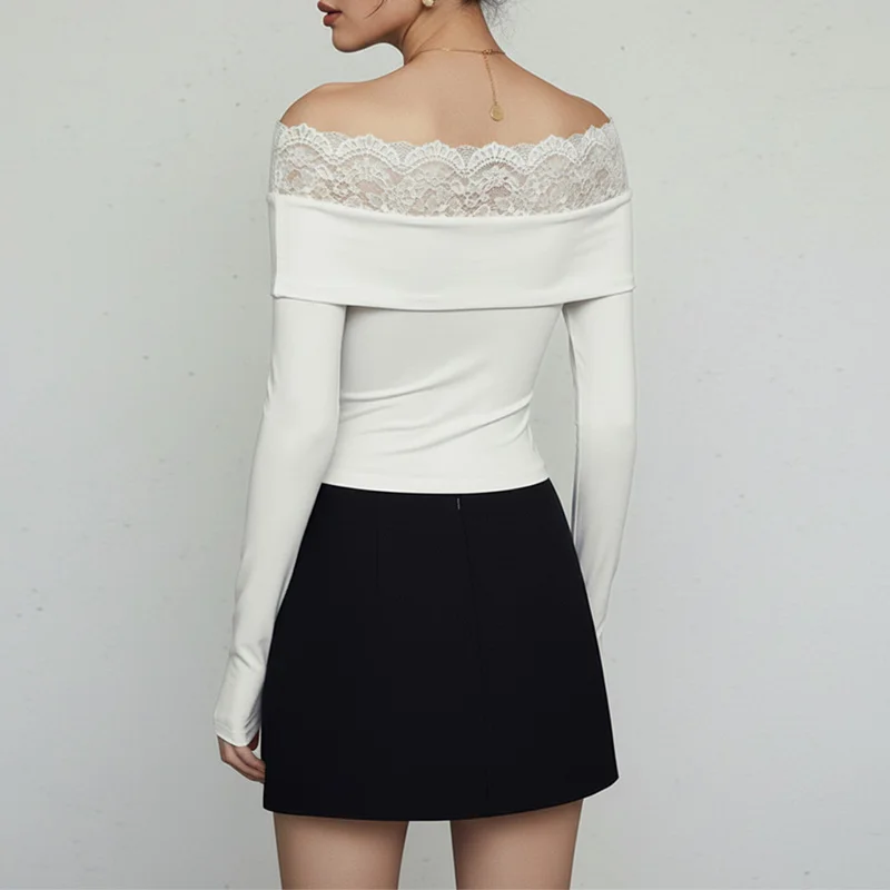 Benuynffy Sexy Off Shoulder Contrast Lace Slim Bodys for Women Spring Fall Twist Front Long Sleeve One Pieces Woman Bodysuits