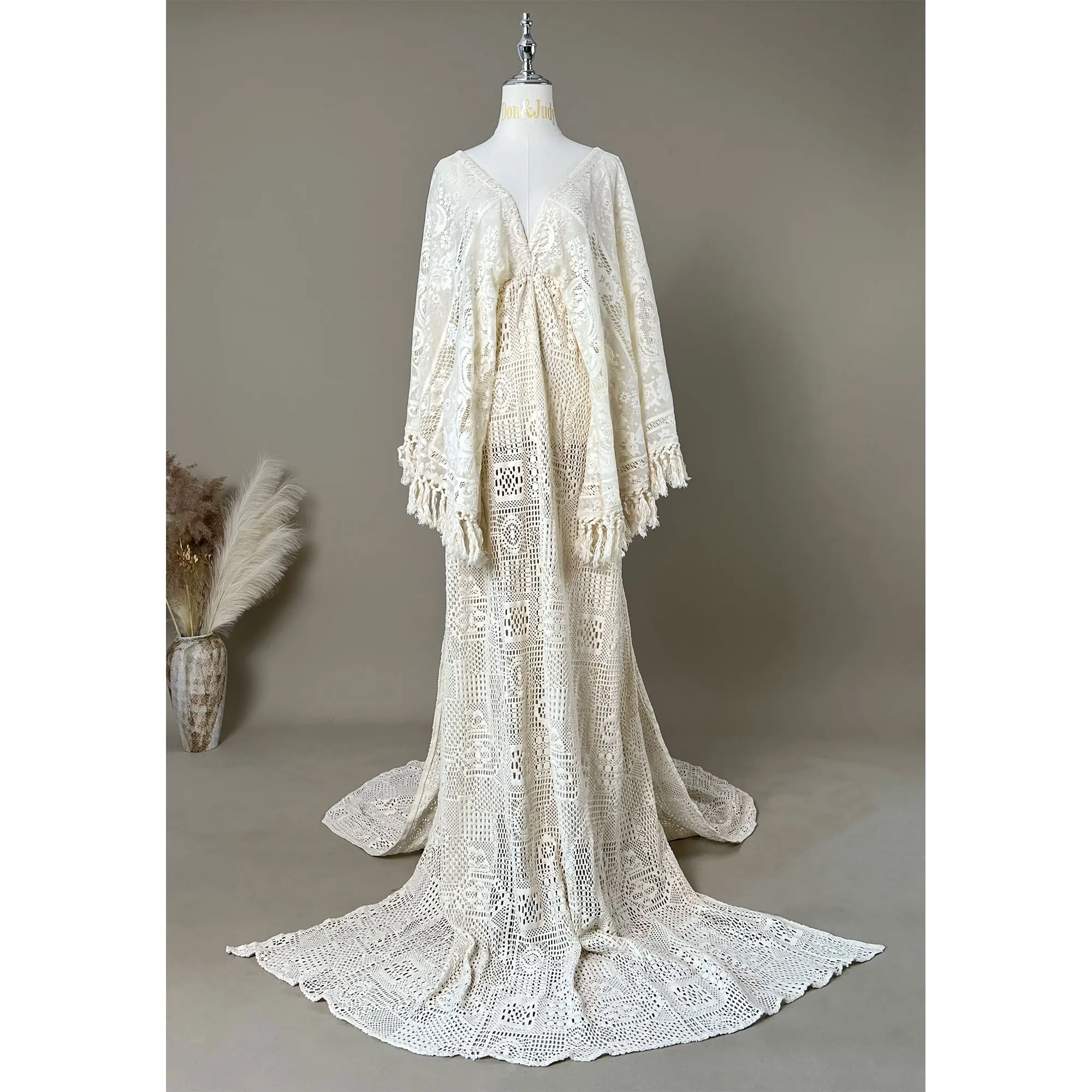 Beige Boho Maxi Long Bell Sleeves Maternity Cothing Pregnant Gown Lace Robe Couture Woman Photography Costume Baby Shower Dress