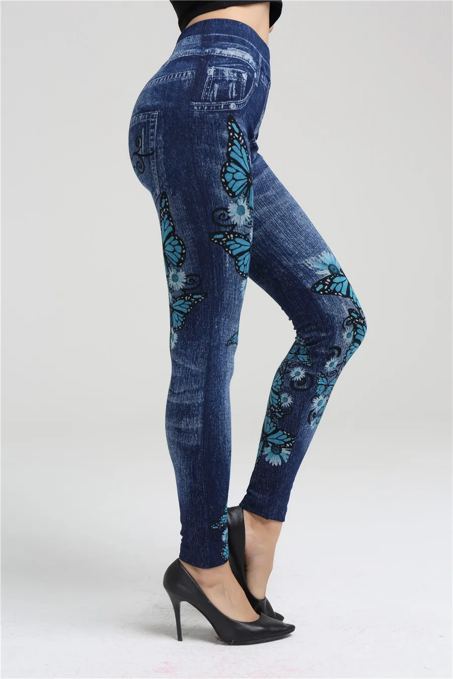 Legging Denim Imitasi Motif Kupu-kupu Antik Celana Yoga Pinggul Persik Elastis Tinggi Potongan Seksi Celana Capri Pakaian Wanita