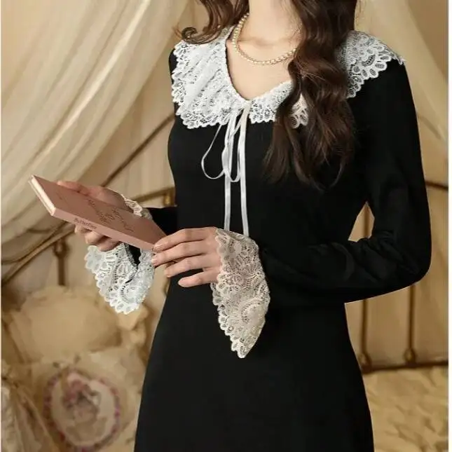 New Sexy Lingerie Set For Women Lace Patchwork Bow Fishtail Dress Lace Trimmed Solid Color Long Sleeved For Woman Dress 0HLA