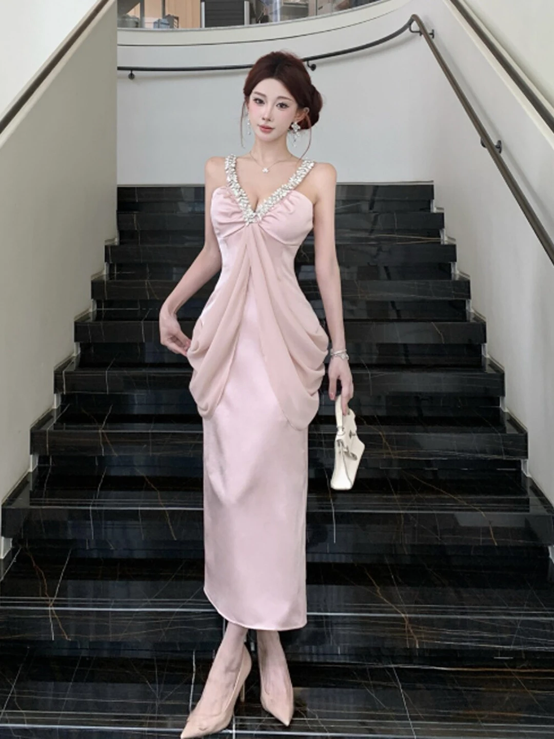 

Elegant V-neck Strapless Dress Sexy Slim Fit Long Skirt Summer Fashion High Waist Diamond Embellished Polyester Fiber Dress