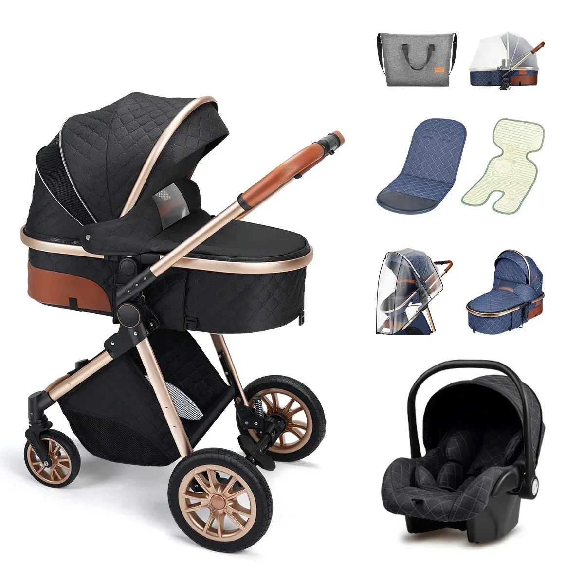 Poussette bébé de luxe 3en 1 avec siège auto, portable, réversible, paysage élevé, voyage