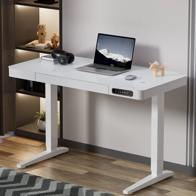 

White Glass Electric Lifting Desk Computer Desk Workbench Standing Commercial Desk Study Desk
