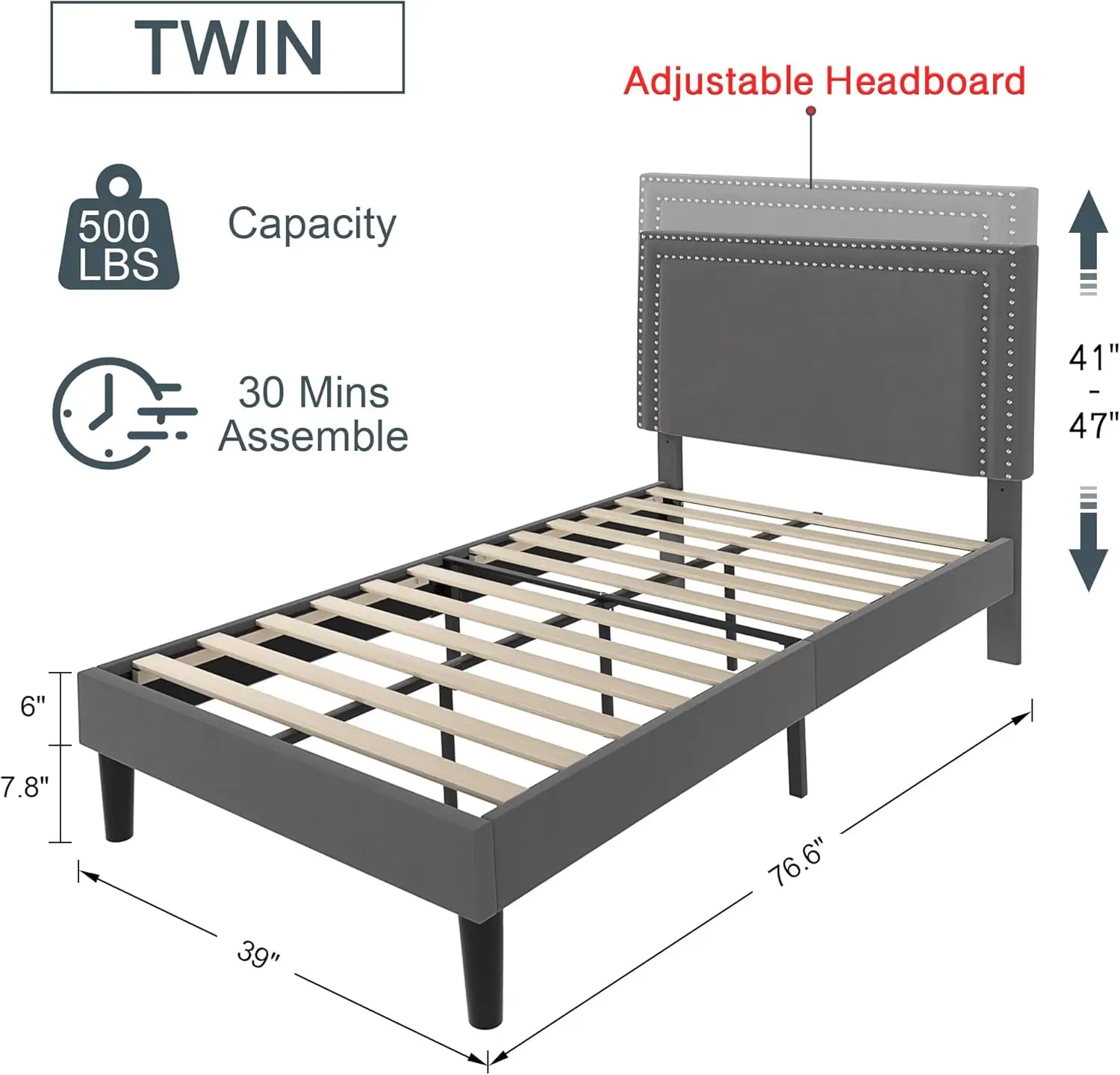 VECELO Twin Size Platform Bed Frame with Height Adjustable Upholstered Headboard, Modern Mattress Foundation,Strong Wood Slat