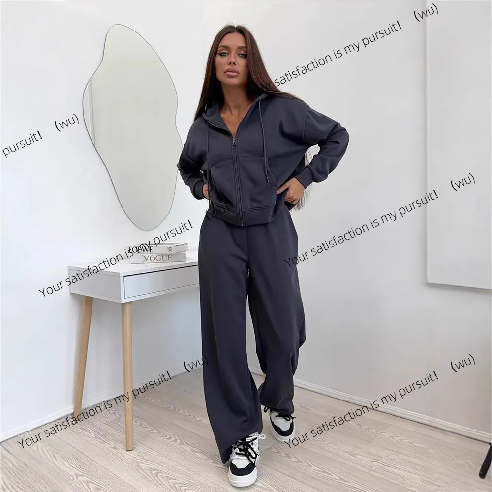 ZOCI-Costume sportivo tinta unita Cardigan con cerniera a maniche lunghe Pantaloni maglione con cappuccio Set in cotone a due pezzi