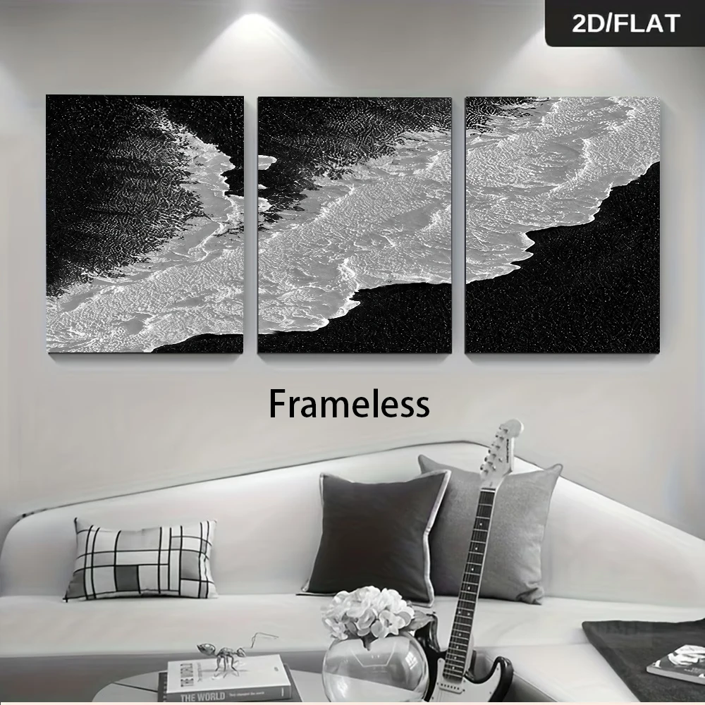 3PCS Frameless,1 set of modern abstract black and white wave triptych frameless decorative paintings, minimalist art paintings,