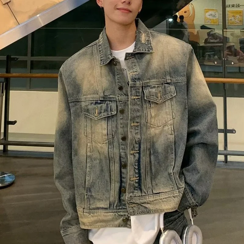 

Men's Spring Autumn High Street Washed Denim Jackets Vintage Elegant Turn Collar Outerwear Coat Y2K Jeans Jackets