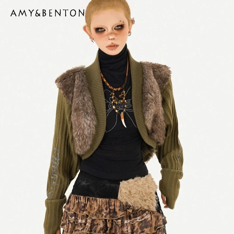 

Vintage Design Hot Girl Fur Collar Women's Coat 2025 Autumn Winter Eco-Friendly Fur Shawl Splicing Knitted Short Cardigan Ladies