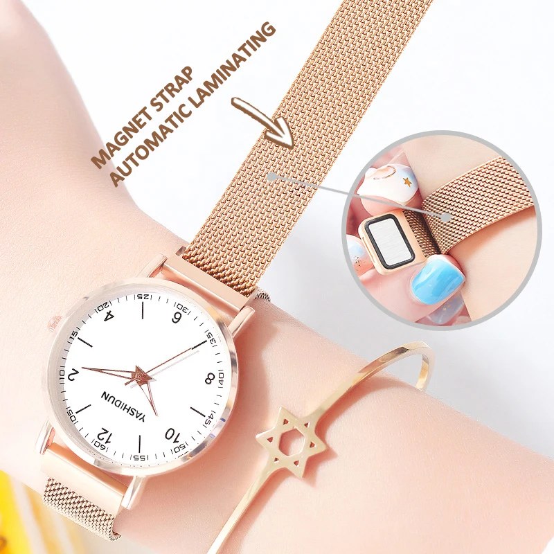 YASHIDUN ساعات نسائية شبكة من الاستانلس استيل حزام ساعة كوارتز مضيئة ساعة مزدوجة للإناث ساعة اليد Montre فام Relogio