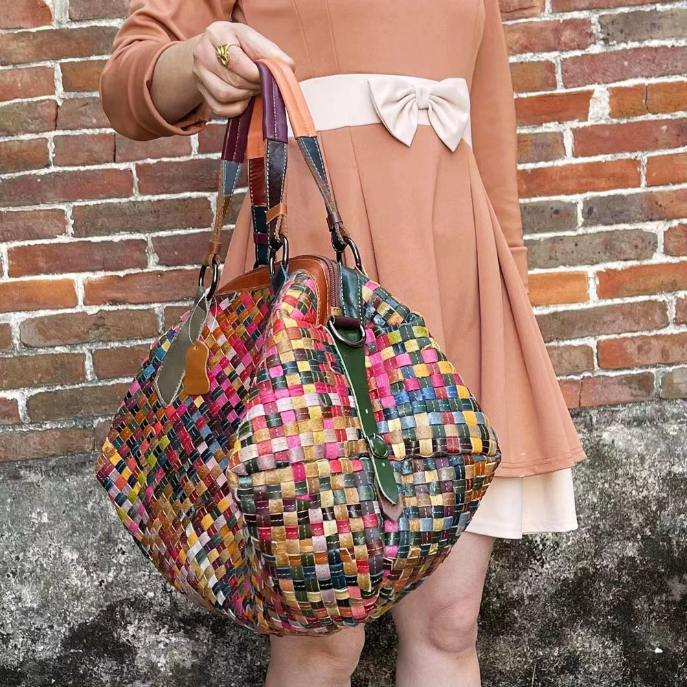 

Splicing Contrast Color Women Handbag Head Layer Cowhide Shoulder Crossbody Bag Girl Travel Messenger Phone Colored Knit Storage