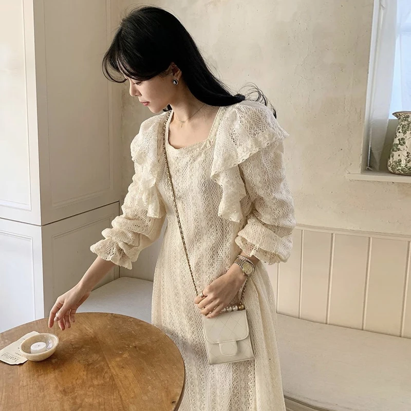우아한 가을 긴팔 레이스 훅 디자인 스플라이스 거즈 엣지 드레스 시크 스퀘어 칼라 헤비 워크 드레스 (젊은 여성용)