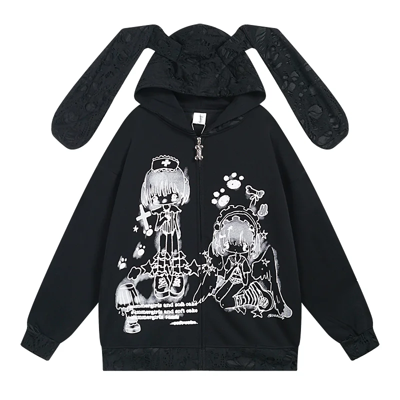 Japanese Original Lolita Two-dimensional Rabbit Ear Design Sense Ripped Hooded Sweater Y2k Subculture Cartoon Cute Coat